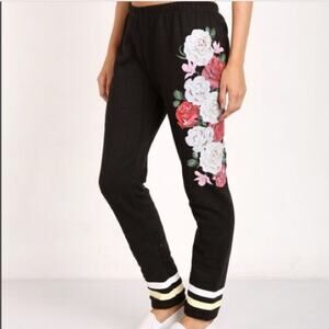 Wildfox Wild Rose Race Graphic Stripe High Waisted Fleece Jogger Sweatpants Sz S